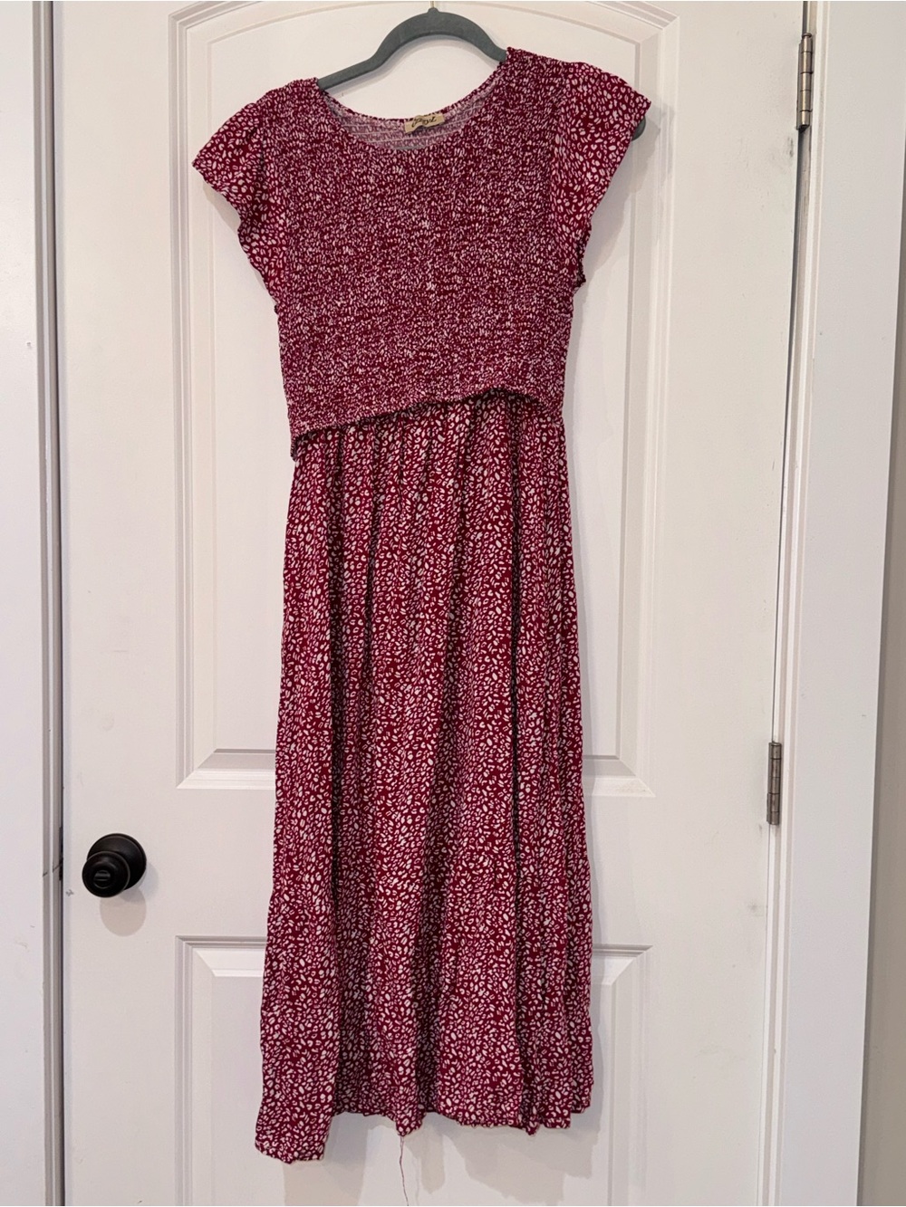 Women’s Short Sleeve Smocked Bodice Nursing Maxi Dress in red